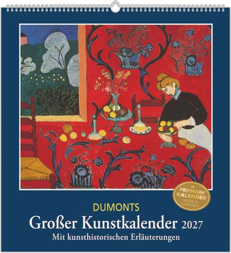 "DUMONTS Großer Kunstkalender 2027. Rotes Interieur: Frau arrangiert Obst in lebendigem Raum mit roten Mustern."