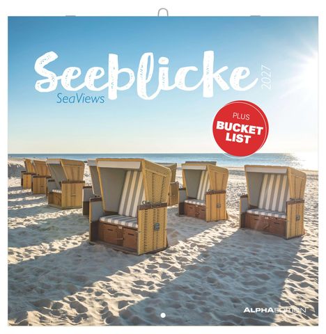 "Seeblicke 2027" und "Plus Bucket List" steht auf dem Cover. Sonnenbeschienener Strand mit leeren Strandkörben.