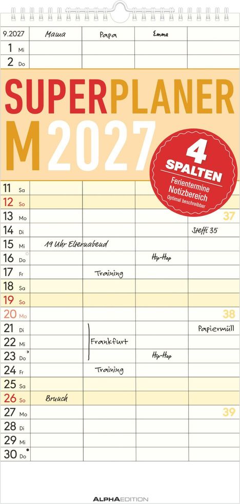 Kalender mit Spalten für Namen. Oben "SUPERPLANER 2027". Kreis: "4 SPALTEN". Termine wie "Training" und "Hip-Hop".