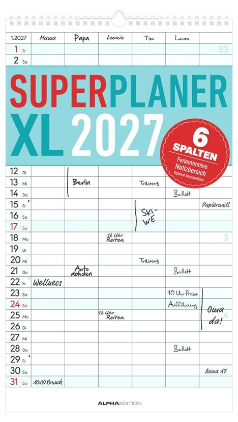 „SUPER PLANER XL 2027“. Kalender mit 6 Spalten für Familienorganisation, Termine und Notizen.