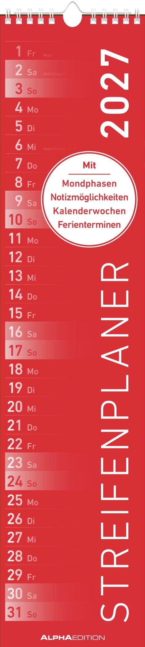 2027 Kalender mit Tagen, Feiertagen und Notizmöglichkeiten. Vertikales Design.