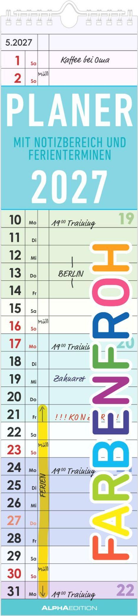 „5.2027“, „Kaffee bei Oma“, „PLANER MIT NOTIZBEREICH UND FERIENTERMINEN 2027“, „BERLIN“, „Zahnarzt“, „FARBENFROH“. Kalender mit Spiralbindung.