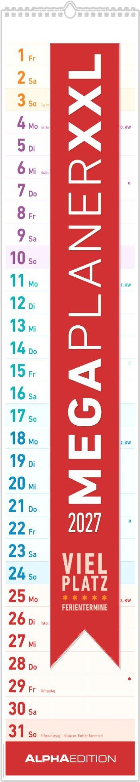 "MEGAPLANER XXL 2027. VIEL PLATZ FERIENTERMINE. ALPHA EDITION." Kalenderlayout von 1. bis 31. mit Wochentagen.