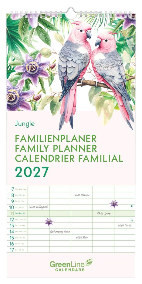 "Jungle Familienplaner Family Planner Calendrier Familial 2027. Illustration von Papageien auf Ästen mit Blättern und Blumen."