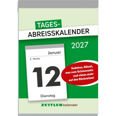 "TAGES-ABREISSKALENDER 2027", "Januar 12", "Dienstag". Grün-weiße Kalendergestaltung mit rotem Hinweis auf Rätsel.