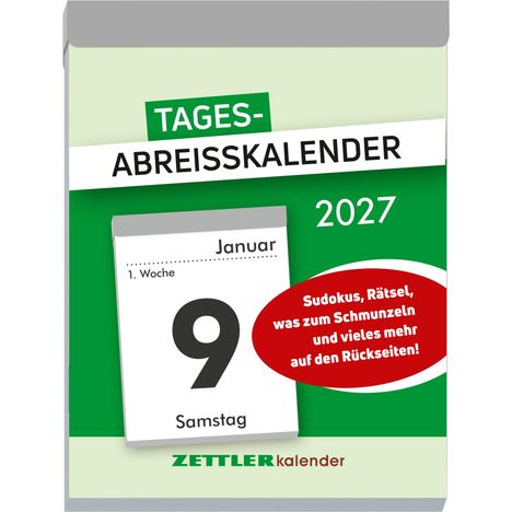 "Tages-Abreißkalender 2027", großer schwarzer 9 auf Weiß, "Zettler Kalender". Grün und rot hervorgehoben.