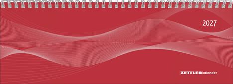 „2027“, „ZETTLER kalender“. Roter Hintergrund, weiße, geschwungene Linien, Spiralbindung oben.