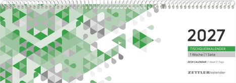 2027 Tischquerkalender, 1 Woche|1 Seite. Geometrisches Muster in Grün- und Grautönen. Spiralbindung oben.