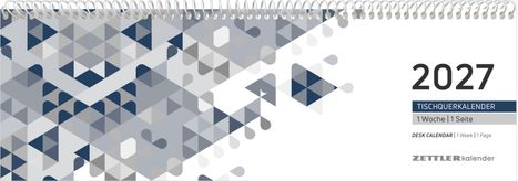 2027 Tischquerkalender, 1 Woche, 1 Seite. Design aus blauen und grauen Dreiecken, Spiralbindung oben.