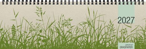 2027 in einer grünen Box, "gedruckt auf GRASPAPIER". Grüne Gräser auf beigem Hintergrund, Spiralbindung oben.