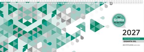 „Der Größte für den Tisch“, 2027, TISCHQUERKALENDER GIGANTA XXL, ZETTLER kalender. Muster aus grünen Dreiecken.
