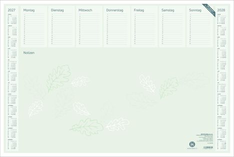 Kalender von 2027 bis 2028 mit Wochenübersicht. Wochentage: Montag bis Sonntag. Abschnitt für Notizen. Blattmotive im Hintergrund.