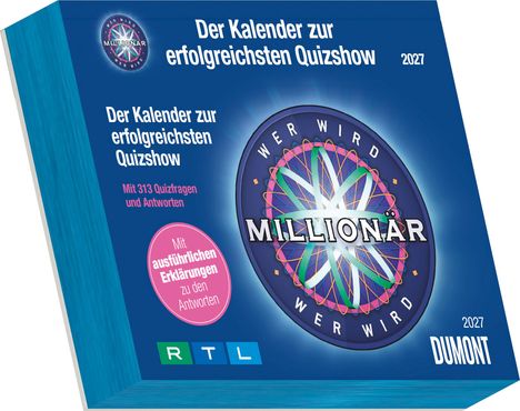 "Der Kalender zur erfolgreichsten Quizshow 2027." Logo der Show mit bunten Mustern und "Wer wird Millionär".
