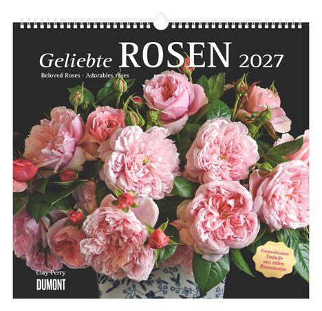 "Geliebte ROSEN 2027", Rosenbouquet mit zartrosa Blüten. Darunter Tabelle, oberer Bereich dunkel, unterer Bereich hell.