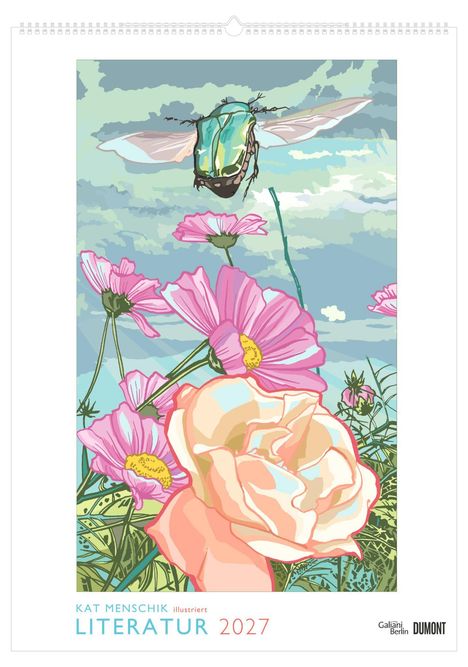 „Kat Menschik illustriert Literatur 2027.“ Eine Illustration zeigt bunte Blumen und einen fliegenden Käfer darunter.