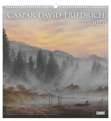 "Caspar David Friedrich 2027" und Zitat von Friedrich Hölderlin. Nebelige Landschaft mit Wald und Boot. Malerei.