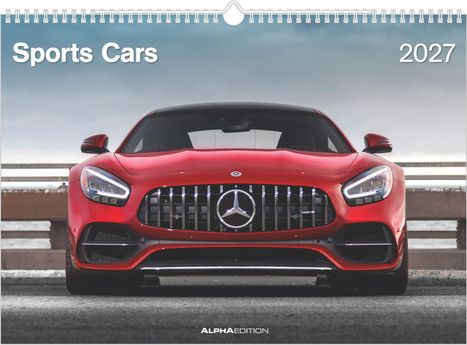 “Sports Cars 2027”. Roter Sportwagen frontal mit markantem Kühlergrill und einem Logo in der Mitte.