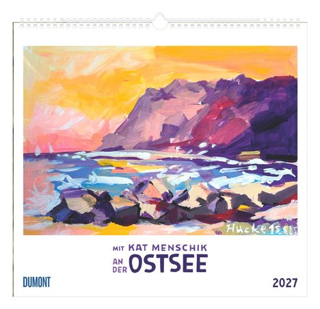 Texte: "Mit Kat Menschik an der Ostsee", "2027". Illustration mit farbenfroher Küstenlandschaft und Bergen im Hintergrund.