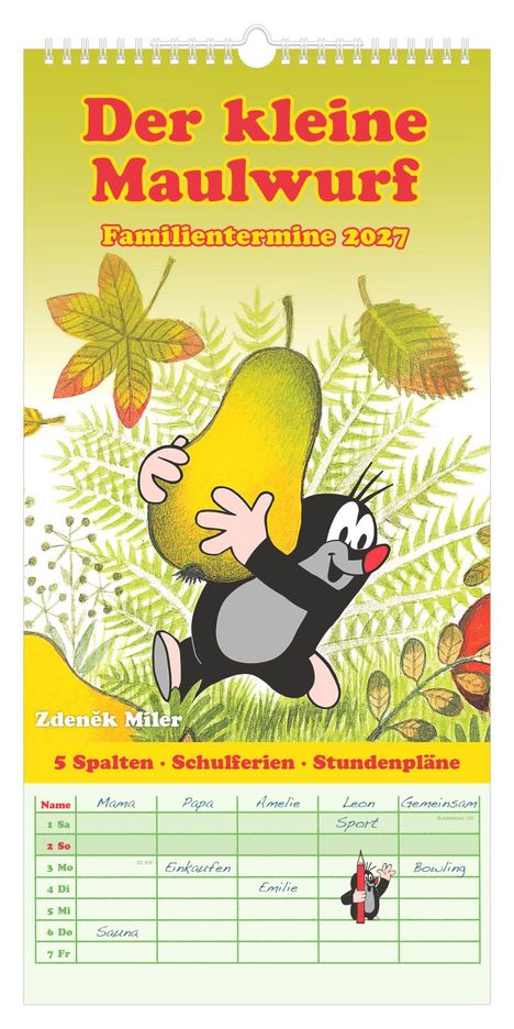 „Der kleine Maulwurf, Familientermine 2027“. Eine Illustration mit einem Maulwurf, Blättern und einer Tabelle für Termine.