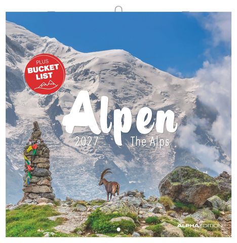 Text: "Alpen 2027 The Alps" und "PLUS BUCKET LIST". Ein Steinmännchen und ein Steinbock vor verschneiten Bergen.