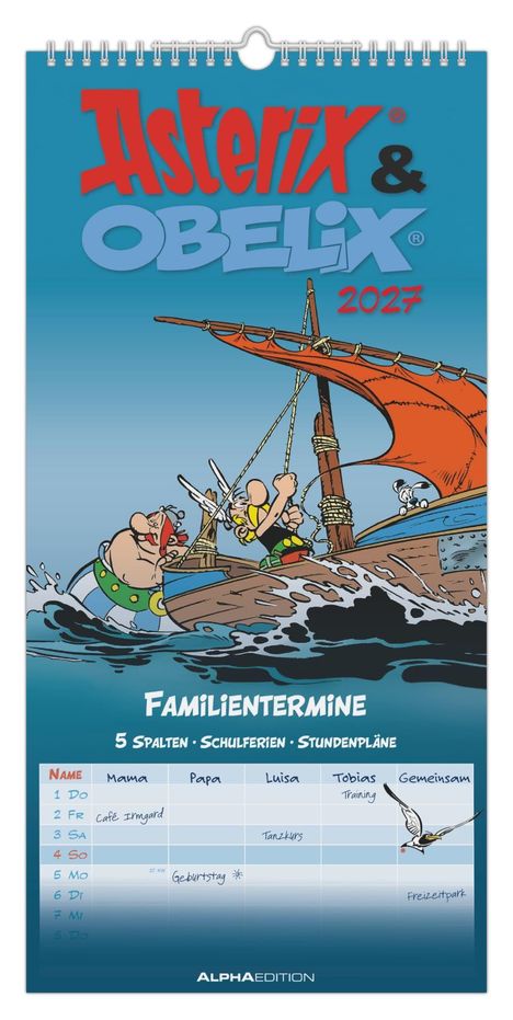 "Familientermine 5 Spalten · Schulferien · Stundenpläne." Illustration mit Asterix, Obelix und Idefix auf einem Boot.