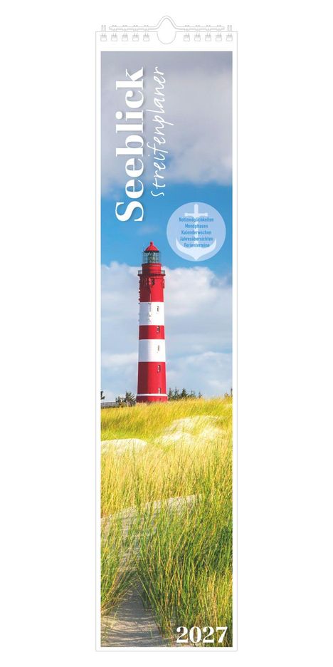 "Seeblick Streifenplaner" steht oben. Ein rot-weißer Leuchtturm steht hinter grünen Dünen, unten ist "2027" zu sehen.