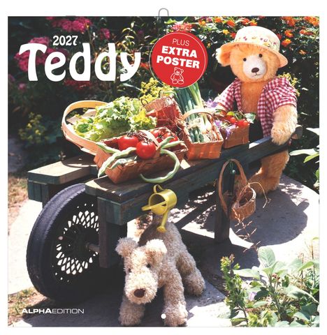 2027 Teddy. Plus Extra Poster. Ein Teddy im Garten mit Gemüse auf einer Schubkarre, ein Plüschtierhund daneben.