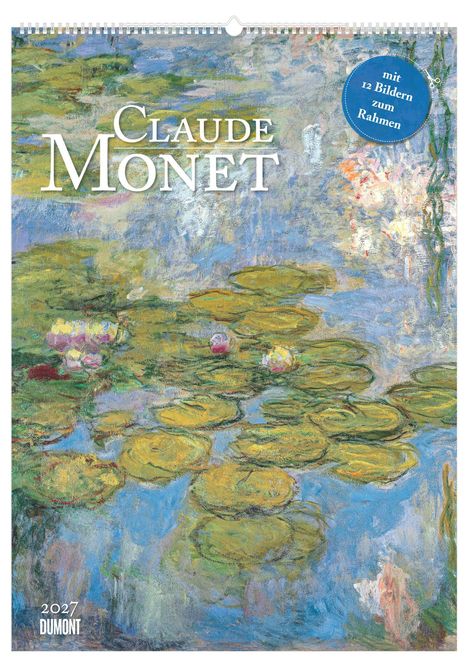Text: "CLAUDE MONET", "mit 12 Bildern zum Rahmen". Seerosen auf Wasser, impressionistische Malerei in grünen und blauen Tönen.
