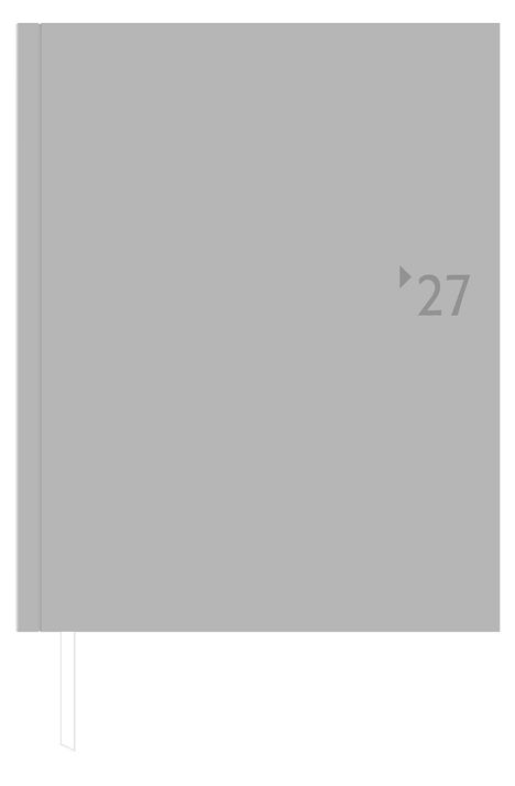Die Zahl „27“ steht in der rechten unteren Ecke. Ein schlichtes, graues Notizbuch mit Lesezeichen.