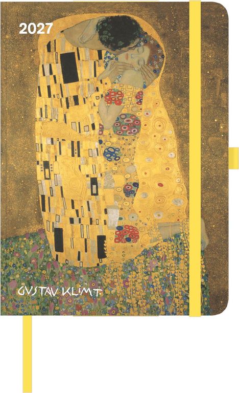 "2027" oben, "GUSTAV KLIMT" unten. Illustration eines Paares in einer innigen Umarmung mit goldener, detaillierter Kleidung.