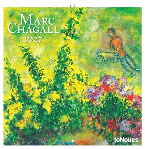 "Marc Chagall 2027" und "teNeues". Eine farbenfrohe Illustration: Mensch schwebt über üppiger Blumenwiese.