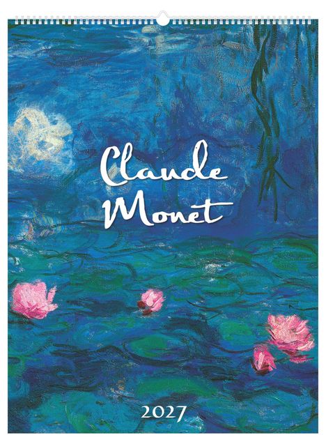 Text: "Claude Monet", "2027". Eine Impression von Wasser und Seerosen mit blau-grünen Tönen und rosa Blüten.