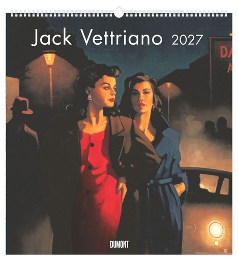 Jack Vettriano 2027. Zwei elegant gekleidete Frauen in einem nächtlichen Straßenszene, neben einem Auto.