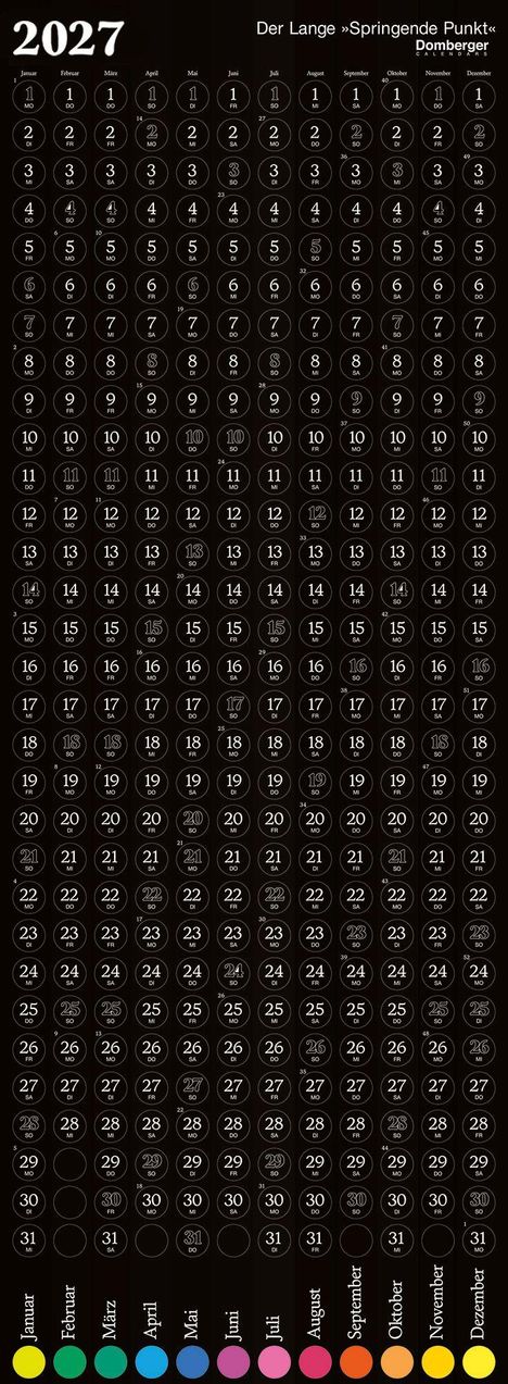2027, Der Lange „Springende Punkt“, Domberger Calendars; Kalender mit Datumsangaben für jeden Monat und Wochentag.