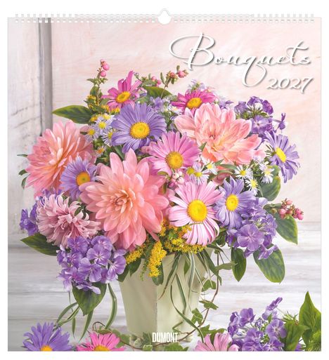 Text oben: "Bouquets 2024". Ein Strauß aus rosa, lila und gelben Blumen in einer Vase.