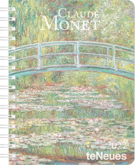 "Claude Monet", "2027", "teNeues". Illustration von Monets Seerosenteich mit einer Brücke und üppigem Grün.