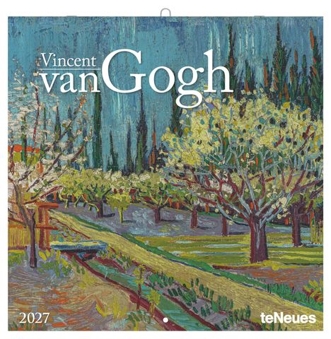 "Vincent van Gogh, 2024. Blühender Obstgarten mit Bäumen, lebhaft in Blau- und Grüntönen gemalt."