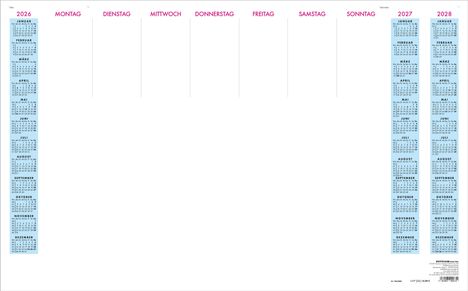 Ein mehrjähriger Kalender von 2026 bis 2028 mit Wochentagen oben, Monaten in Spalten links und rechts.