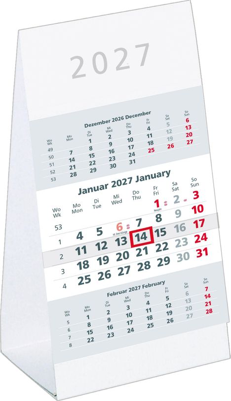 Tischkalender für 2027, zeigt Dezember 2026 bis Februar 2027. Der 14. Januar 2027 ist rot markiert.