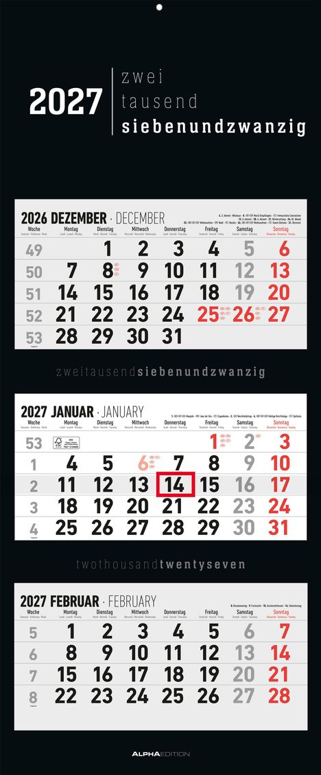 2027 Kalender mit Monaten Dezember 2026, Januar und Februar 2027. Wochentage. Feiertage rot markiert.