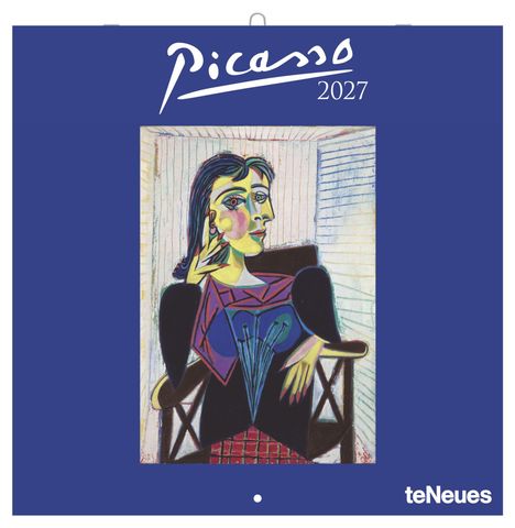 Text: "Picasso 2027"; "teNeues". Illustration einer Frau im kubistischen Stil auf dunkelblauem Hintergrund.