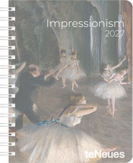 Text: "Impressionism 2027". Illustration mehrerer Balletttänzerinnen in einem Probenraum, pastellfarbene Töne.