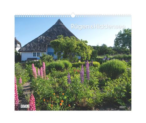 "Rügen & Hiddensee" als Titel mit einem Fachwerkhaus und bunten Blumen im Vordergrund.