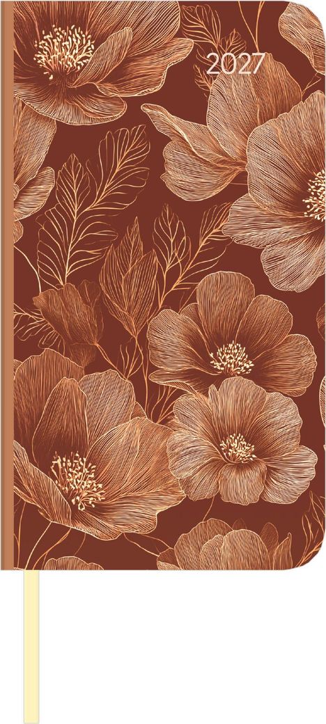 "2027" steht in hellem Text auf einem dunkelbraunen Hintergrund. Feine Zeichnung großer Blumen und Blätter.