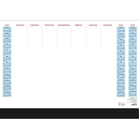 Wochenübersicht mit den Tagen Montag bis Sonntag und Jahreszahlen 2027, 2028, 2029, daneben kleine Monatskalender.
