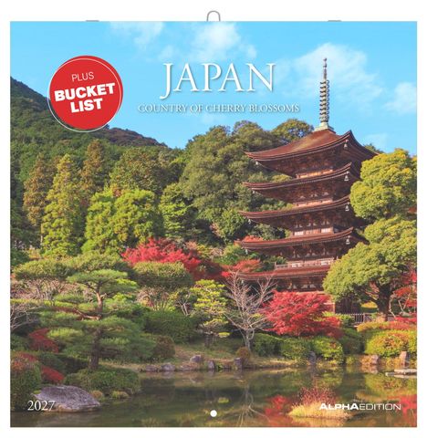 "Plus Bucket List. Japan, Country of Cherry Blossoms. 2027." Tempel und bunte Bäume in einem friedlichen Garten.