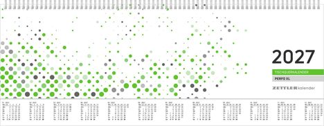 2027 TISCHQUERKALENDER, PERFO XL, ZETTLER kalender. Im Hintergrund grüne und graue Punkte, darunter Monatsübersicht.