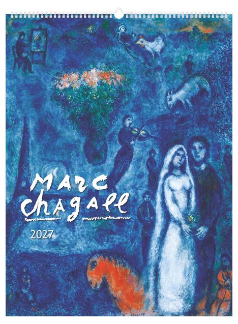 „Marc Chagall 2027“. Eine fantasievolle Illustration in Blau mit Hochzeitspaar, Tieren und Blumen.