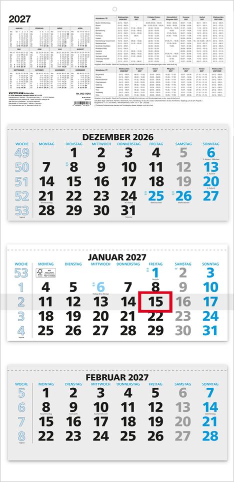 Ein Kalender für 2027 mit Monatsübersichten für Dezember 2026 bis Februar 2027. Feiertage sind markiert. 15. Januar ist hervorgehoben.