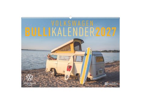 "VOLKSWAGEN BULLIKALENDER 2027" zeigt einen Camper am Strand mit Surfbrettern, im Sonnenuntergang.